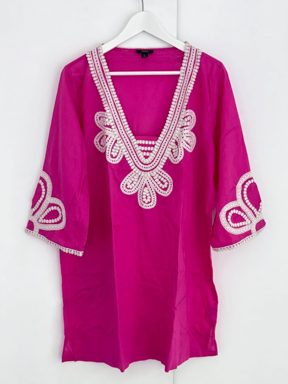 J. Crew Corded Trim Short Hot Pink Tunic Kurti Embroidery Dress Beach Size Large